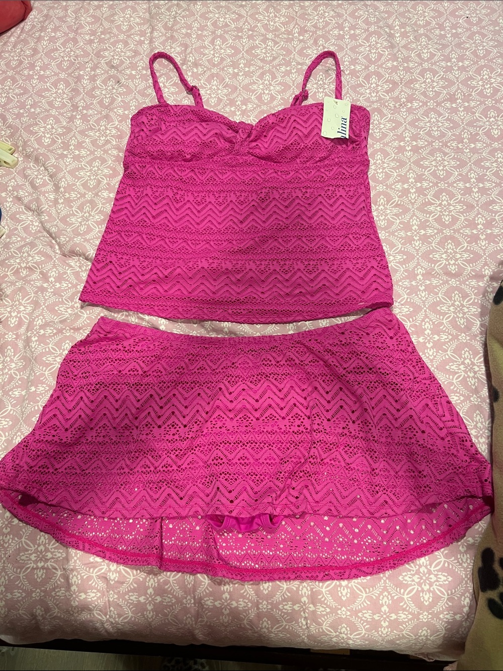 NWT Catalina Hot Pink Lace Tankini Top and Skirt Set